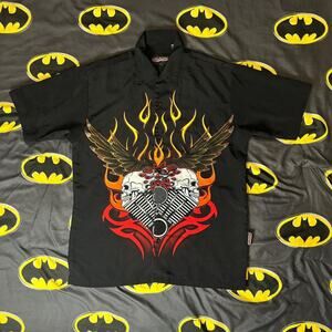 Vintage Y2K Sapphire Lounge Button Shirt Flaming Skull Motorcycle Collar Shirt